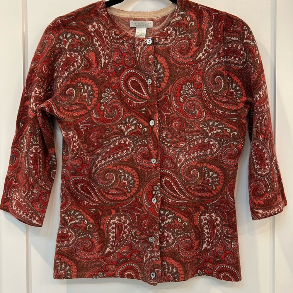 Tweeds muted red earth tones paisley print cardigan in petite medium